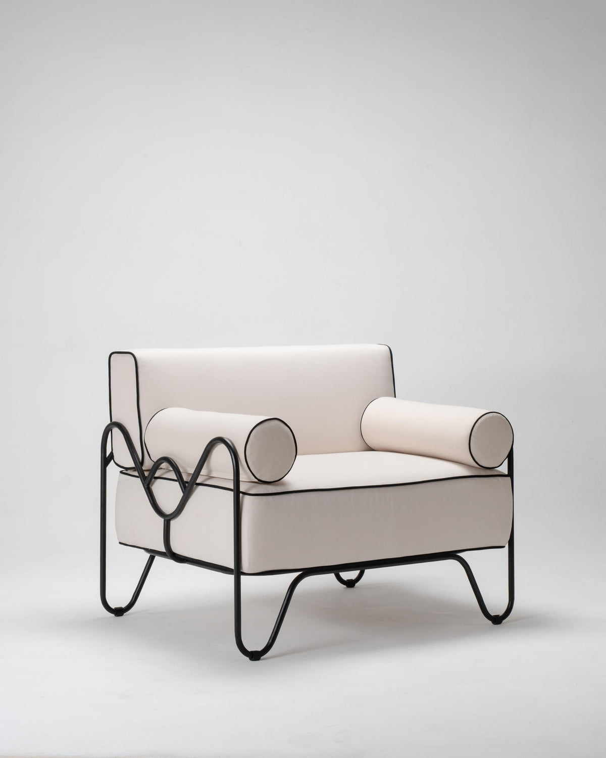 white outdoor armchair with black powder coated stainless steel frame