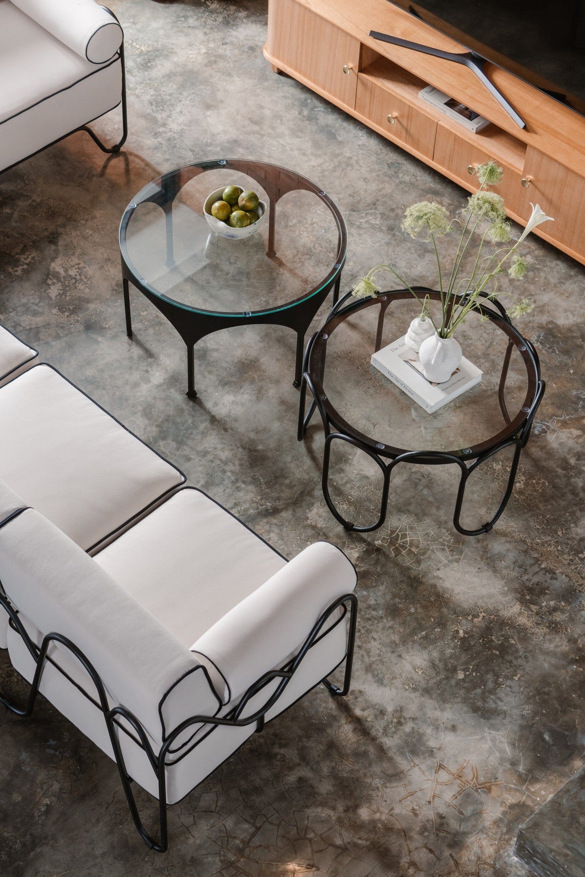 outdoor/indoor furniture, white sofa, glass coffee table