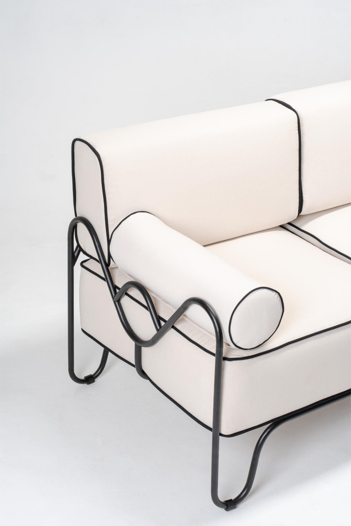 outdoor indoor furniture sofa, white cushion, black powder coated stainless steel