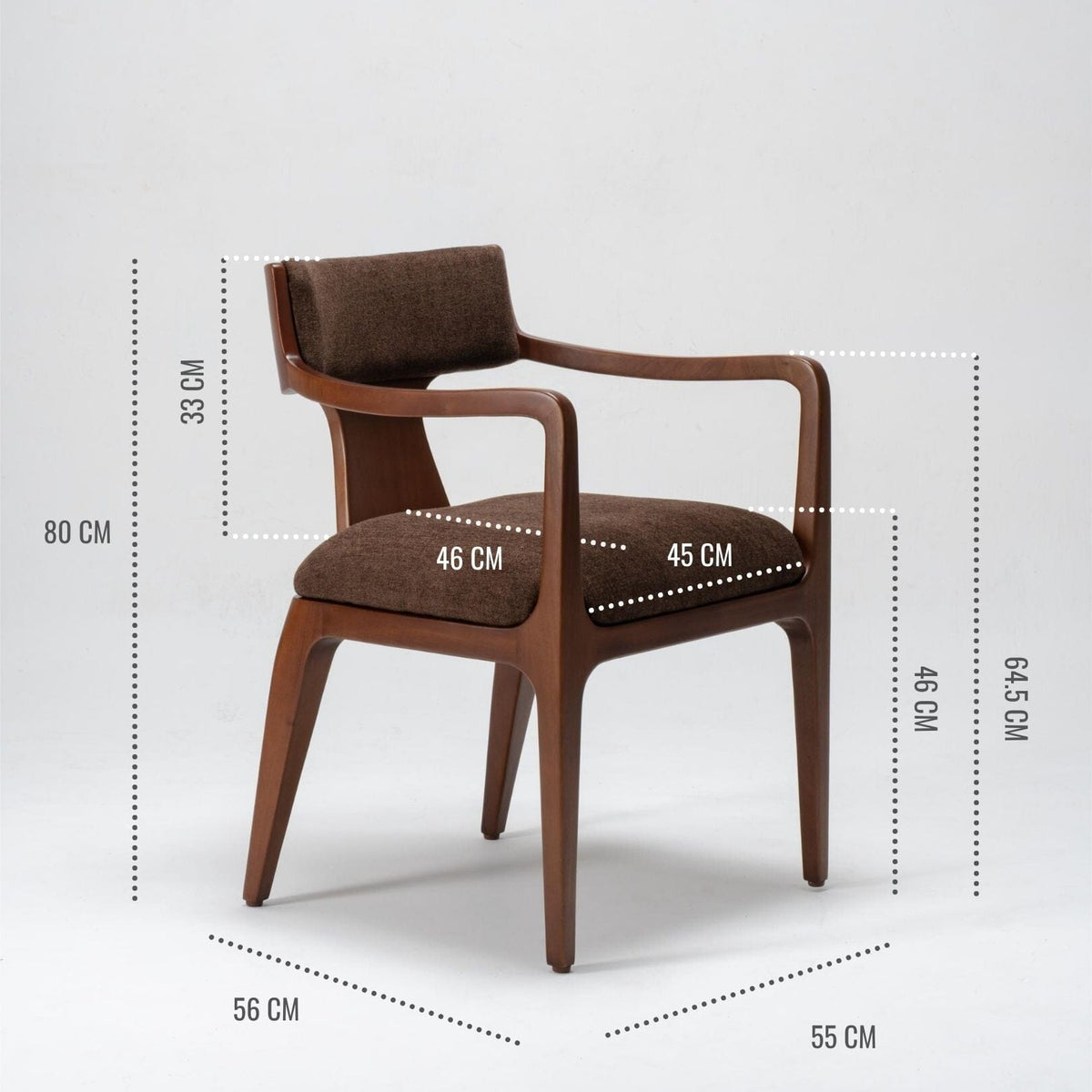 Brown dining armchair with dimensions marked