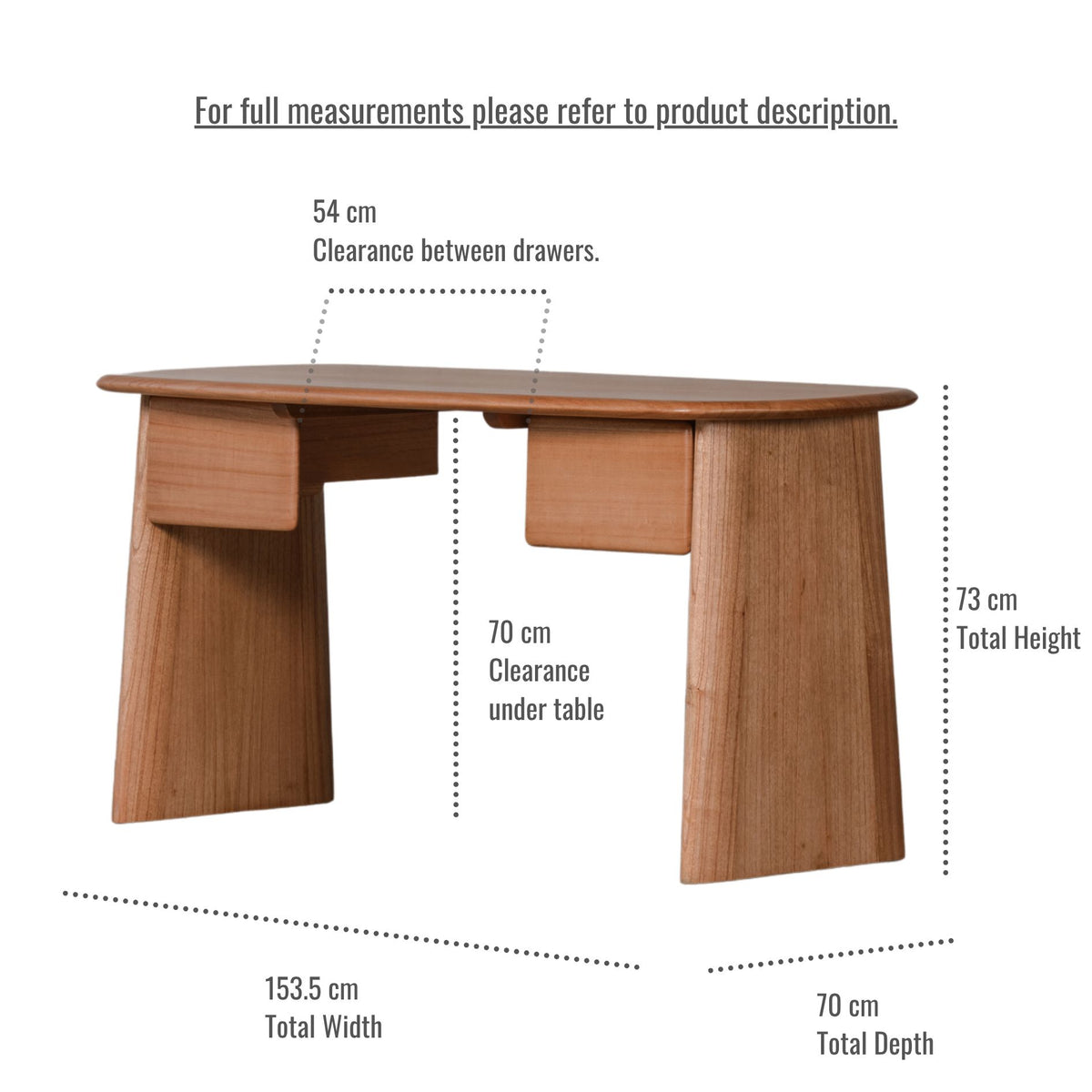 Wooden 2 drawer desk with dimensions labelled