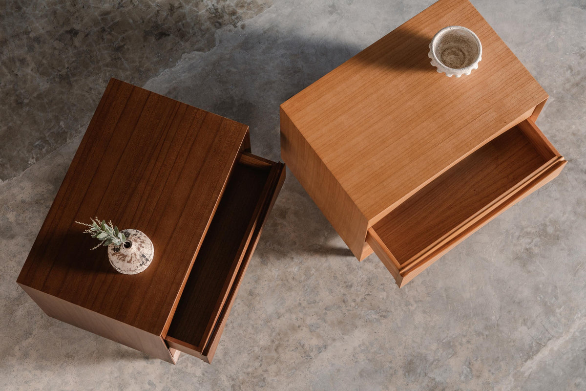 Two wide timber wooden side tables