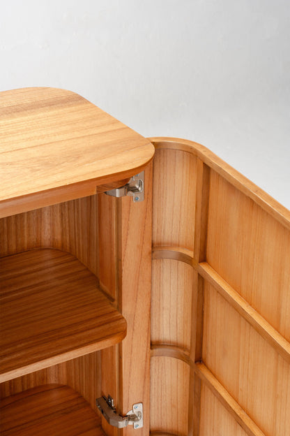 Wooden shelf with open door, featuring high quality hinges