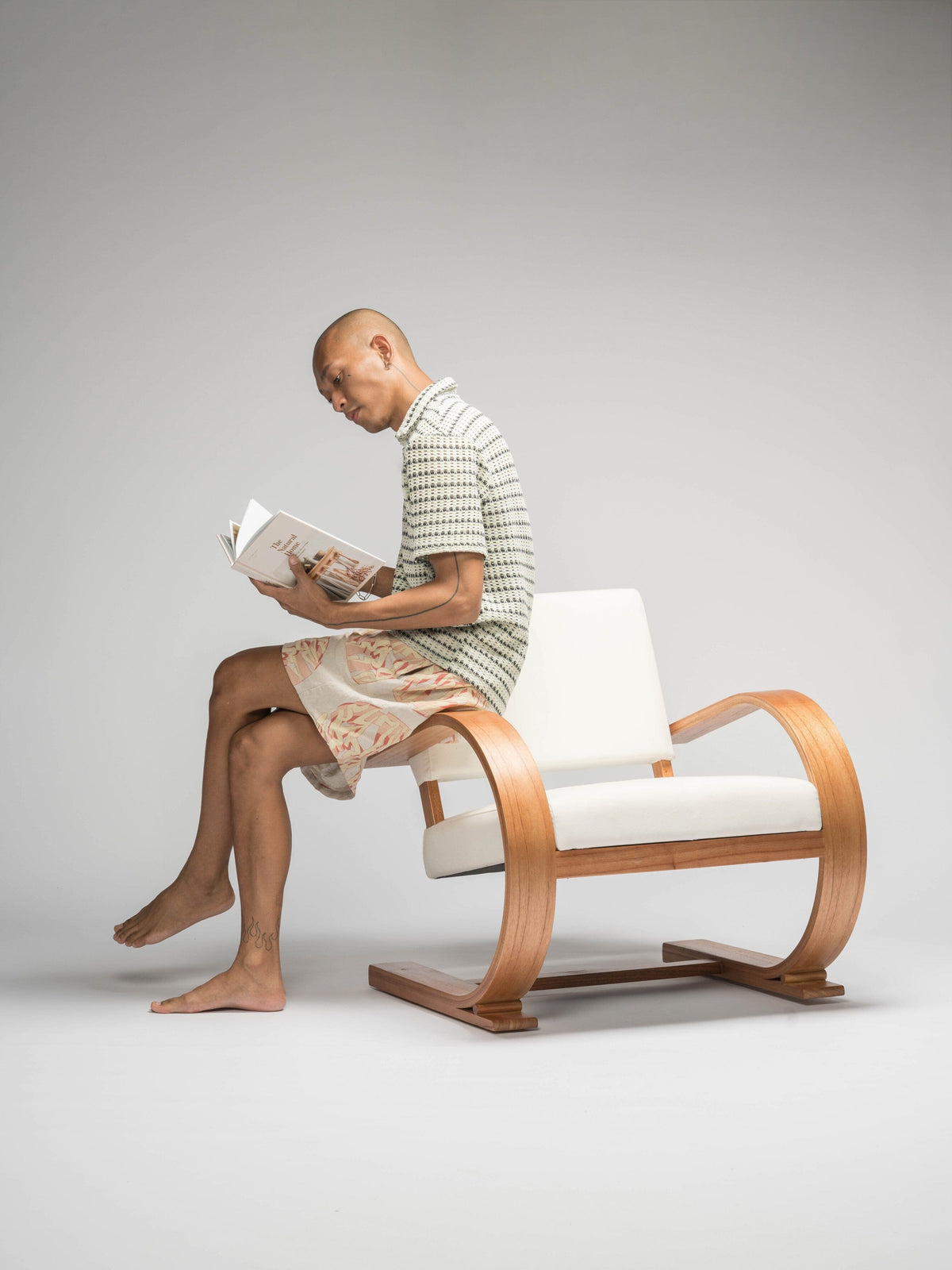 French Modernist Armchair - wooden armchair with linen - Larkwood Furniture
