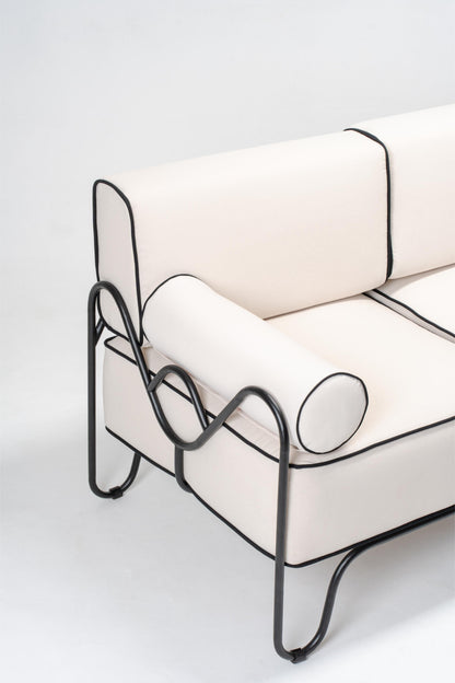 outdoor indoor furniture sofa, white cushion, black powder coated stainless steel