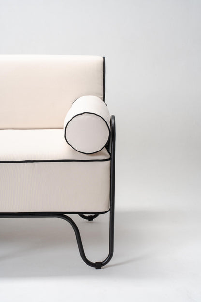 outdoor 3 seater sofa, white cushion, black frame