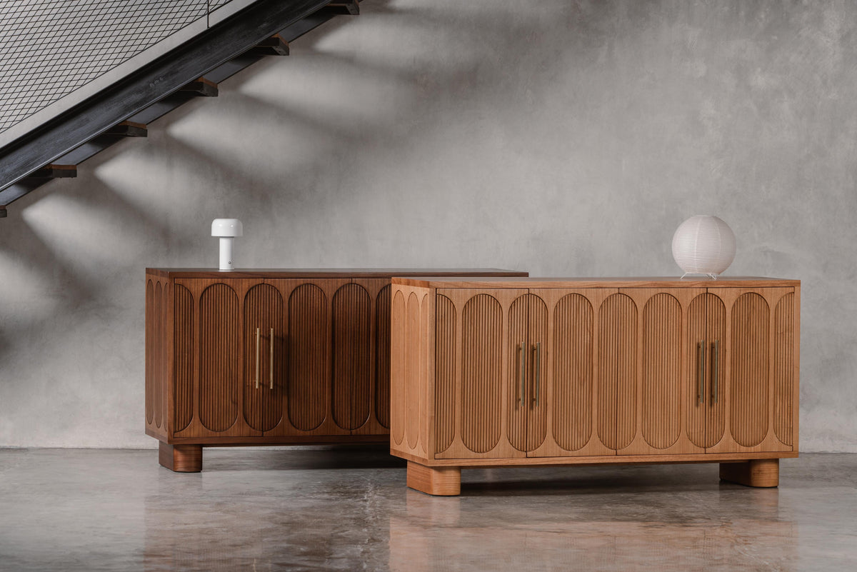Two wooden sideboards with decorative doors & handles
