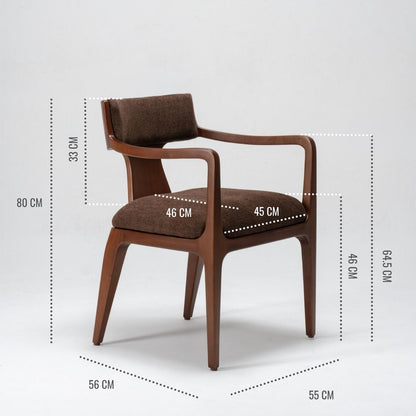 Brown dining armchair with dimensions marked 