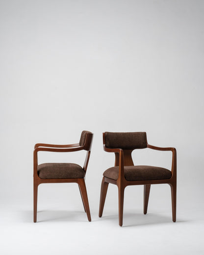 Pair of brown chairs with wooden frames on a white background, dark brown colour