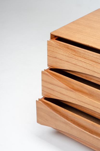 wooden cabinet bedside, three drawer open