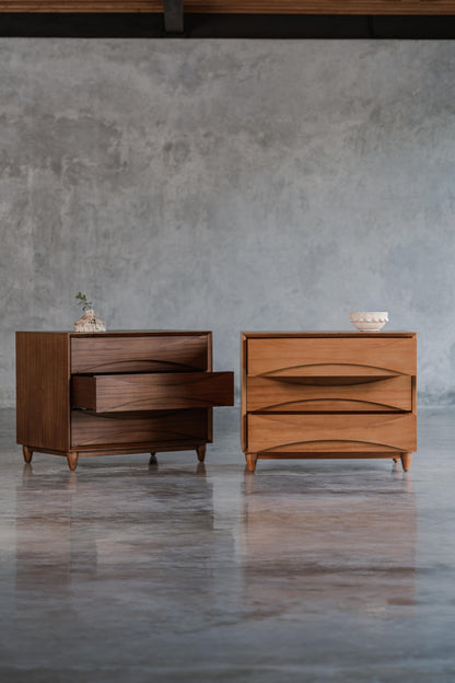 Two wooden bedside tables, with 3 drawers