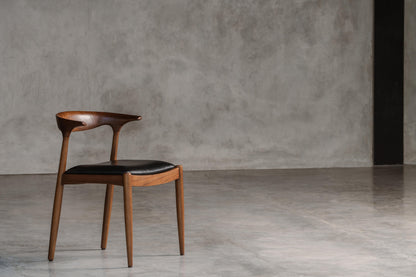 wooden dining room chair, black leather seat