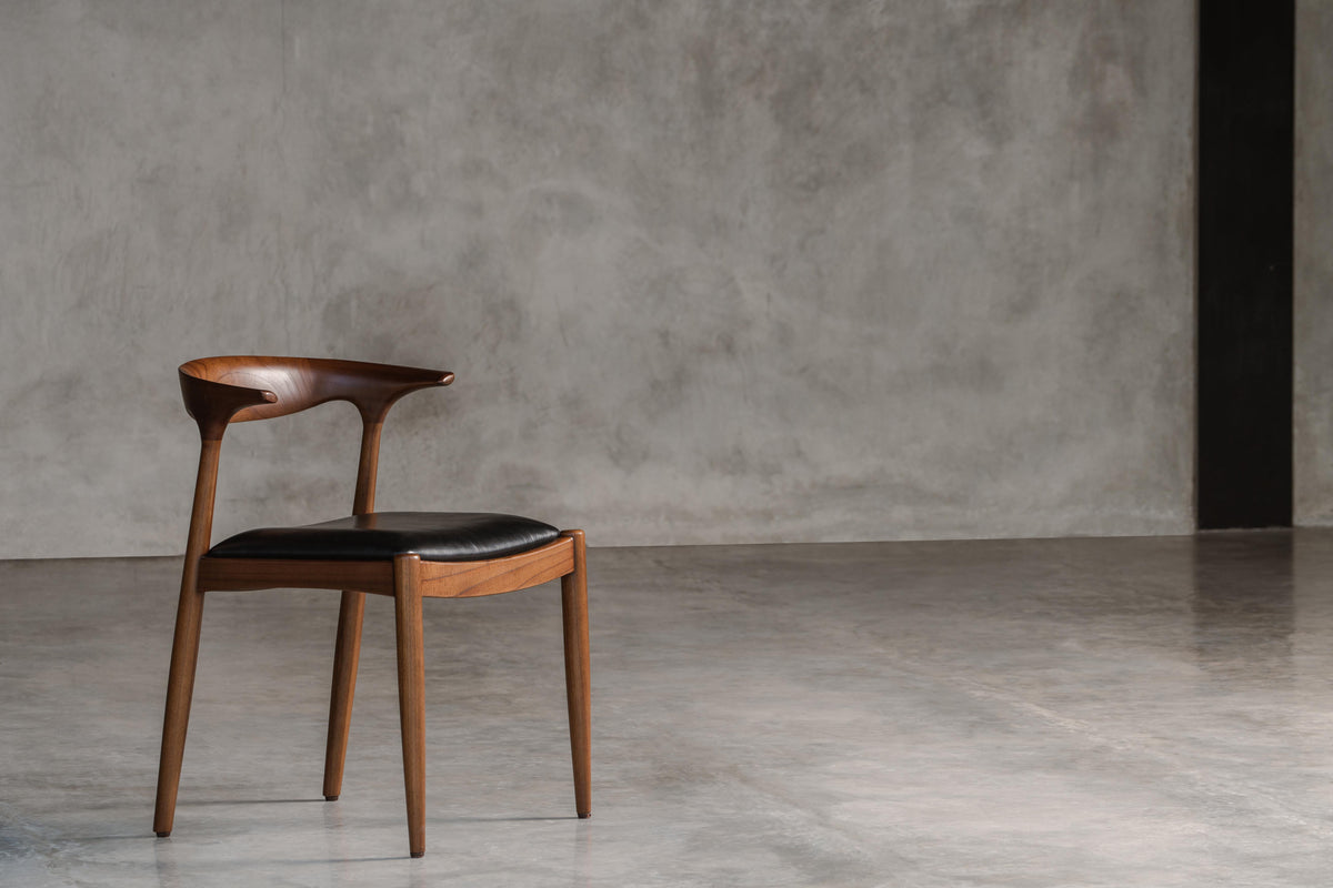 wooden dining room chair, black leather seat